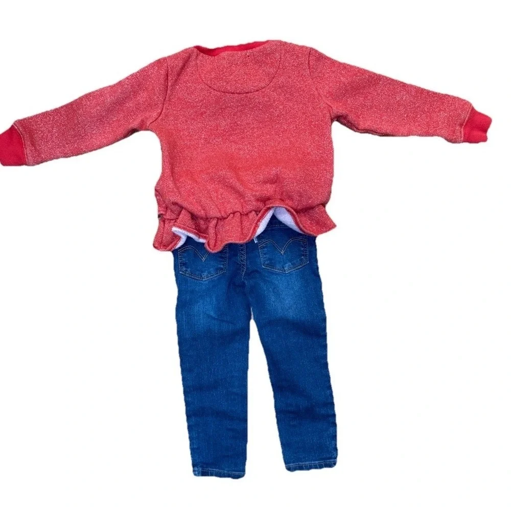 Kids Levi's Red Sparkle Heart Ruffle Sweater & Jeans Outfit Set Size 2T Playwear